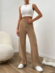 EURMUSE Solid Wide Leg Knit Pants - Camel - View 5