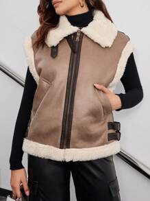 GENKIRA Dây kéo Lót Teddy Áo khoác vest - Màu Khaki - Xem 5