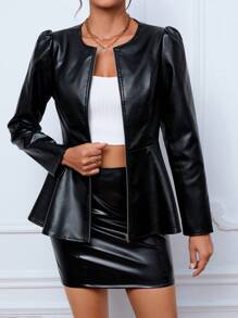 SHEIN Tall Ống tay áo Xoay eo chất liệu da PU áo - màu đen - Xem 1