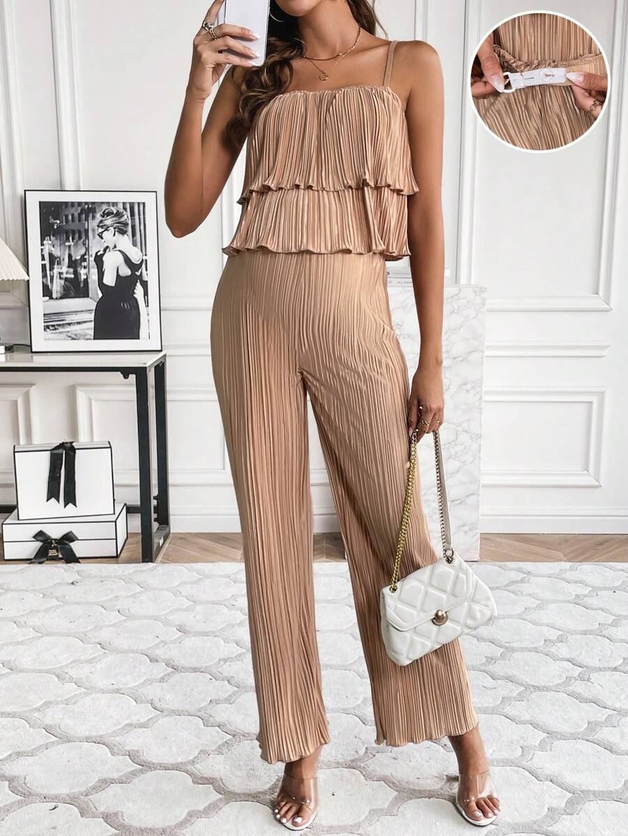 SHEIN 孕婦荷葉邊褶皺吊帶上衣&闊腿褲 - 杏色 - 查看 1