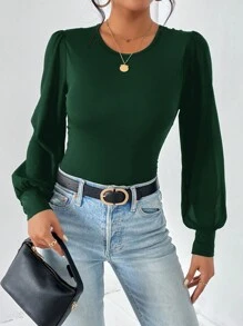 SHEIN Essnce Body unicolor de manga farol - Verde Oscuro - Ver 4