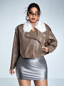 SHEIN ICON 大碼羊絨領口毛茸邊PU皮革機車夾克 - 淺灰色 - 查看 4