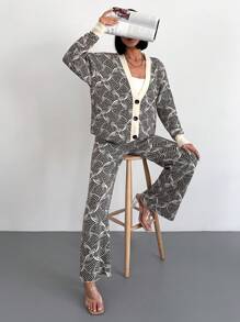 EURMUSE Allover Pattern Drop Shoulder Cardigan & Knit Pants - Beige - View 1