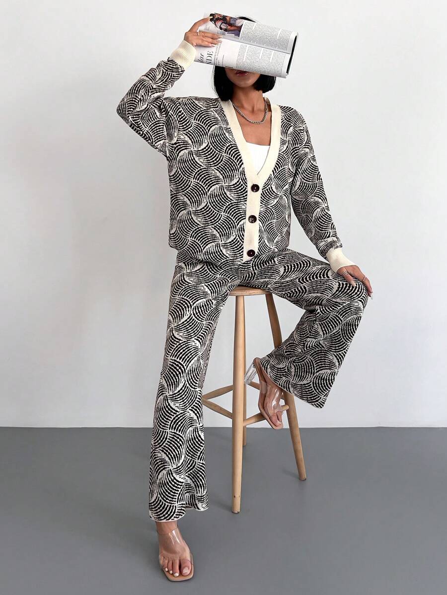 EURMUSE Allover Pattern Drop Shoulder Cardigan & Knit Pants - Beige - View 1