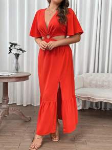 Breezaya Plus Plunging Neck Cut Out Waist Split Thigh Dress