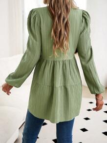 SHEIN LUNE Đường viền lỗ khóa Tay áo lồng đèn Xù Hoa Sen áo choàng Áo - màu xanh lá - Xem 2