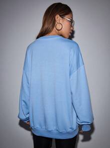 SHEIN Unity Letter And Star Print Drop Shoulder Split Hem Sweatshirt Pullover Fall Sweatshirt - Blue - View 2