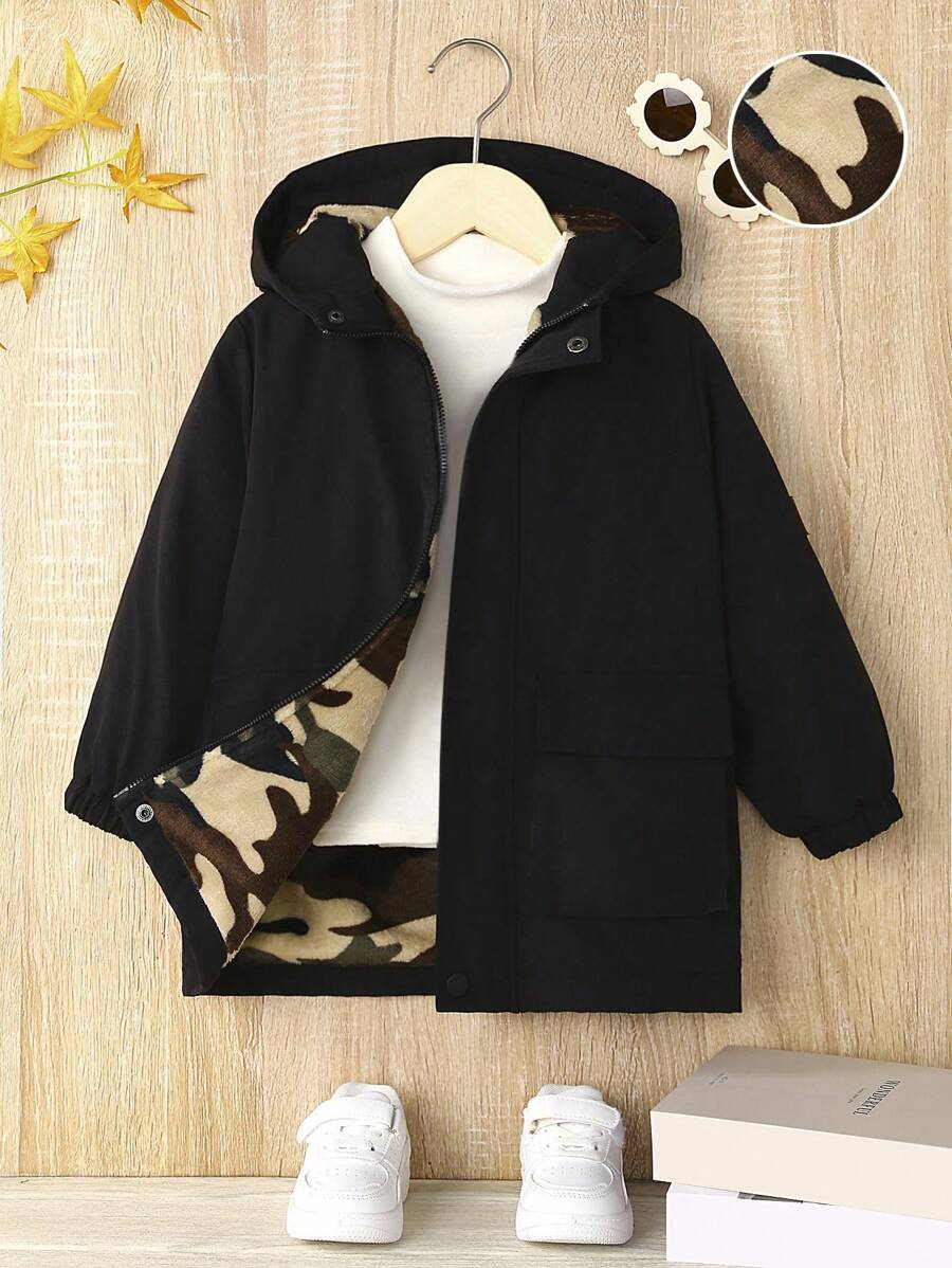 SHEIN Young Boy Dual Pocket Patched Detail Zipper Hooded Coat Without Sweater - Black - View 1