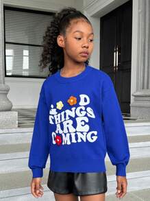 SHEIN Tween Girl Slogan Pattern Floral Crochet Drop Shoulder Sweater - Multicolor - View 5