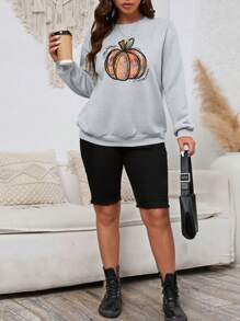 SHEIN EZwear Plus Pumpkin Print Drop Shoulder Sweatshirt - Grey - View 4