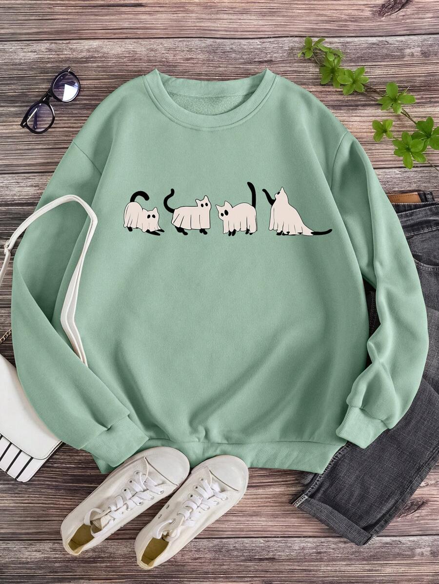 SHEIN Essnce 卡通圖案加絨內裏運動衫 - 薄荷綠 - 查看 1