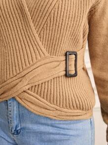 SHEIN Frenchy Plus Buckle Detail Wrap Cross Sweater Fall/Winter - Khaki - View 6