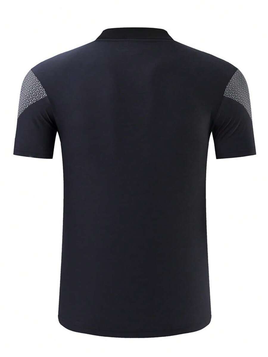 Manfinity Sport Corelite 男士對比面板運動款短袖POLO衫，適用於運動上衣 - 黑色 - 查看 1