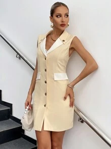 SHEIN Clasi Lapel Neck Button Front Vest Blazer Dress - Apricot - View 6