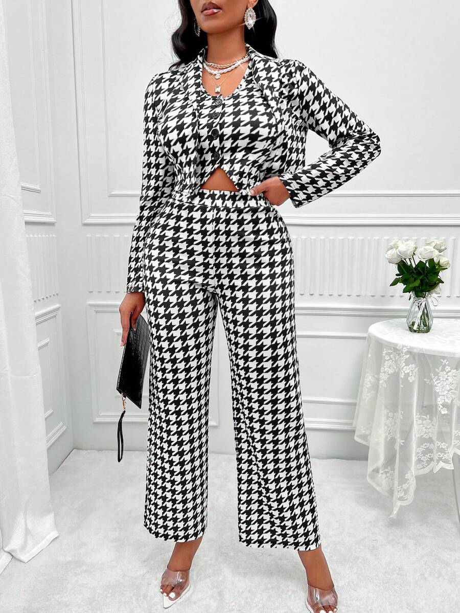 SHEIN Slayr Random Houndstooth Print Blazer & Vest & Wide Leg Pants - Black and White - View 1
