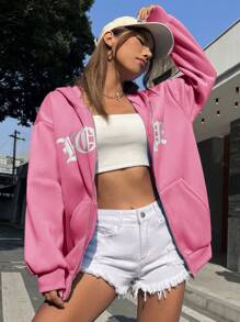 SHEIN EZwear 字母圖案拉鏈開襟落肩袖抽繩運動衫 - 粉色 - 查看 1