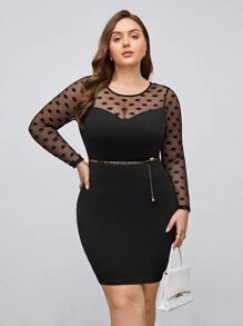 BizChic Plus Contrast Dobby Mesh Bodycon Dress Without Belt - Black - View 1
