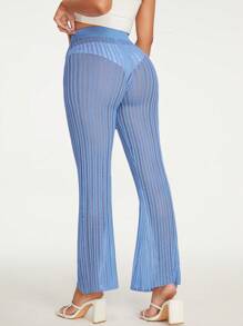 SHEIN VCAY Hollow Out Flare Leg Cover Up Pants Without Panty For Summer Beach Vacation - Blue - View 2