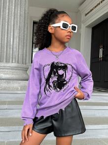 SHEIN Tween Girl Figure Pattern Raglan Sleeve Sweater