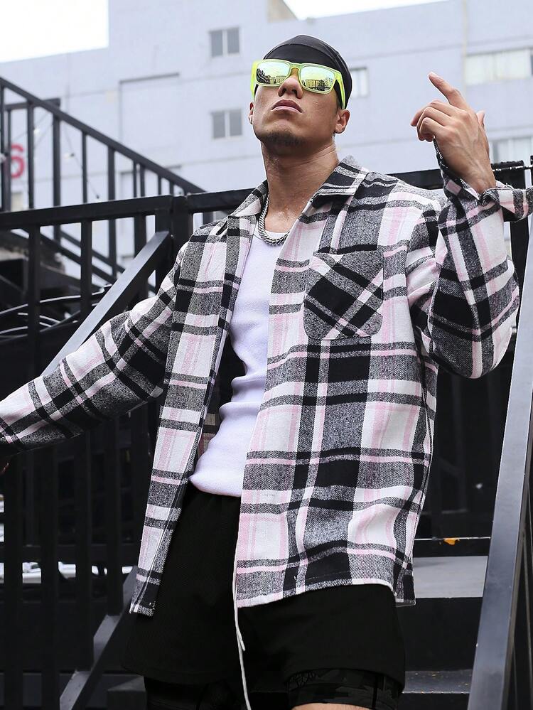 Men Plaid Print Pocket Patched Overcoat