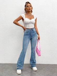 SHEIN EZwear Embroidery Detail Flare Leg Jeans - Medium Wash - View 6