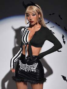 SHEIN ICON 條紋印花前打結短款T恤 - 黑與白 - 查看 8