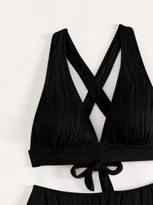 SHEIN Swim Summer Beach Plain Criss Cross Tie Back Bikini Set - Black - View 3