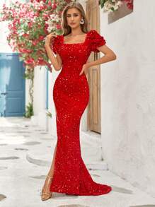 Vestido formal con lentejuelas y muslo dividido con manga abullonada y cuello cuadrado - Rojo - Ver 1