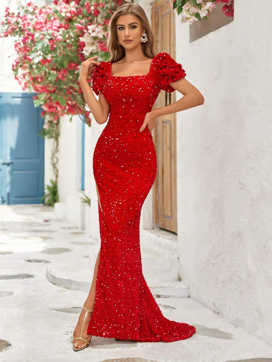 Vestido formal con lentejuelas y muslo dividido con manga abullonada y cuello cuadrado - Rojo - Ver 1