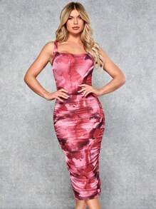 SHEIN BAE Tie Dye Ruched Side Cami Bodycon Dress - Red - View 1