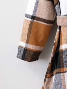 SHEIN 女大童1入組格紋大翻領不對稱下擺腰帶外套 - 咖啡棕 - 查看 6