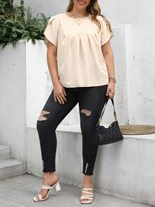 SHEIN Franclia Plus Petal Sleeve Fold Pleated Detail Blouse - Apricot - View 6