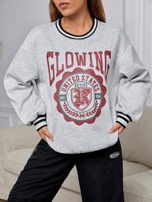 SHEIN EZwear 字母圖案條紋飾邊落肩袖運動衫 - 灰色 - 查看 6