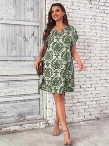 SHEIN LUNE Plus Allover Print Notched Neckline Batwing Sleeve Dress, Summer,Beach Dress Sundress,Holiday Outfits Boho