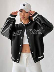 SHEIN EZwear Đồ họa Chữ cái Sọc trang trí Thả vai Áo khoác Không có Áo ba lỗ - màu đen - Xem 2