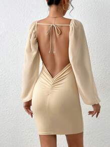 SHEIN Privé 抽褶細節後背繫帶燈籠袖緊身洋裝 - 杏色 - 查看 1