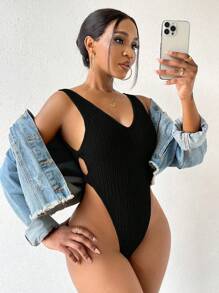 BamGleam Cut Out Side High Cut Tank Bodysuit - Black - View 6