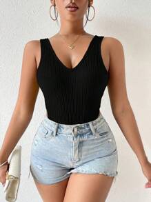 BamGleam Cut Out Side High Cut Tank Bodysuit - Black - View 7