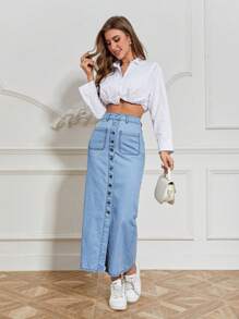 SHEIN Essnce 前紐扣牛仔半身裙 - 淺色水洗藍 - 查看 4