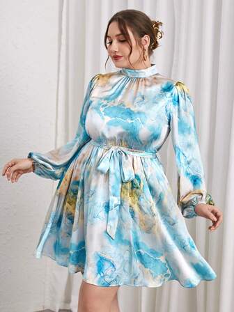 SHEIN Privé 大碼大理石圖案小高領燈籠袖繫腰帶洋裝