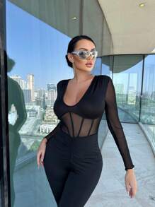 SHEIN VaVaLuxe Contrast Mesh Unitard Jumpsuit - Black - View 4