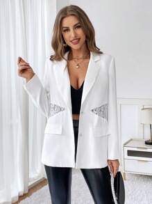 SHEIN Essnce Contrast Lace Single Breasted Blazer - White - View 3