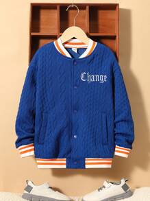 SHEIN Tween Boy Letter Embroidery Striped Trim Drop Shoulder Varsity Jacket,In Fall/Winter - Multicolor - View 4