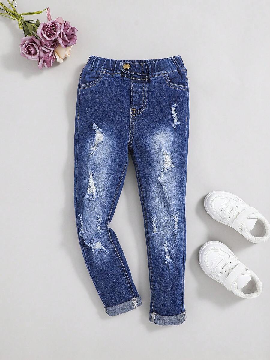 SHEIN 年輕女孩破洞磨邊漂白洗牛仔褲 - 深色水洗藍 - 查看 1