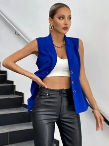 SHEIN Privé Lapel Neck Ruched Asymmetrical Hem Vest Blazer - Blue - View 3