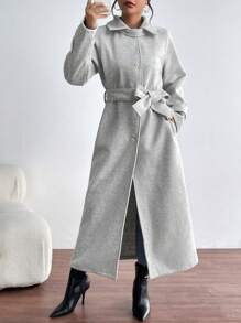 SHEIN Essnce 插肩袖腰帶花呢外套 - 灰色 - 查看 5