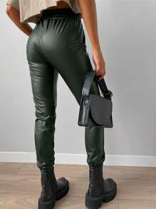 EURMUSE Solid High Waist Tie Front Slant Pocket Pants - Dark Green - View 2