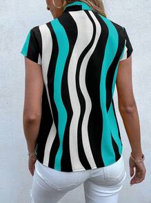 SHEIN Clasi Colourblock Print Tie Neck Blouse - Mint Green - View 2