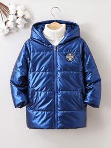 Young Boy 1pc Letter Patched Detail Zipper Hooded Padded Coat Winter - Blue - View 1