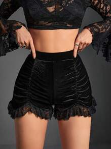 Gothic Contrast Lace Ruched Ruffle Hem Velvet Shorts